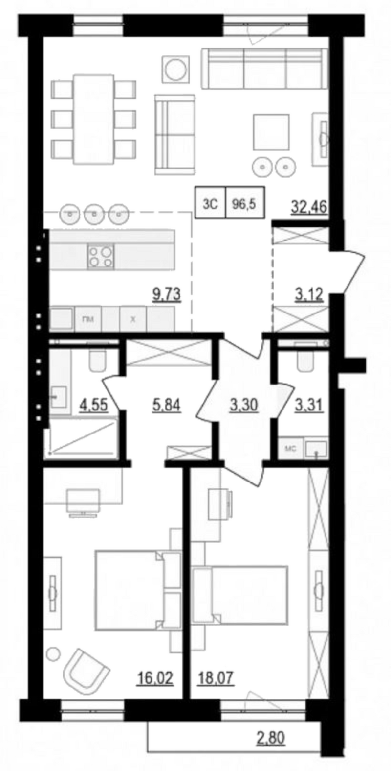 Планировка 3е-к.кв 103.20 м² в ЖК «Жуковка»