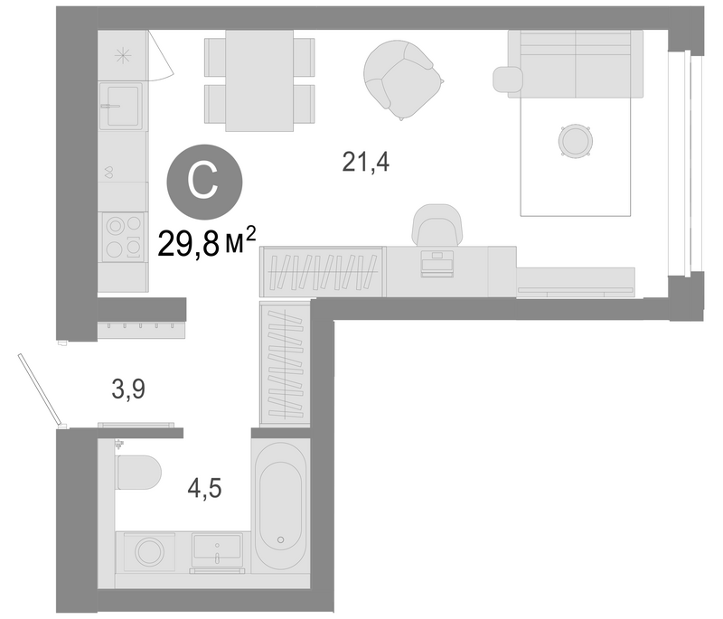 Планировка студия 29.80 м² в ЖК «Молодость»