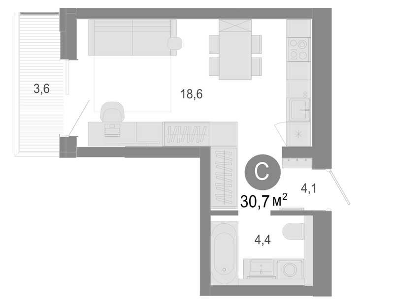 Планировка студия 29.62 м² в ЖК «Молодость»
