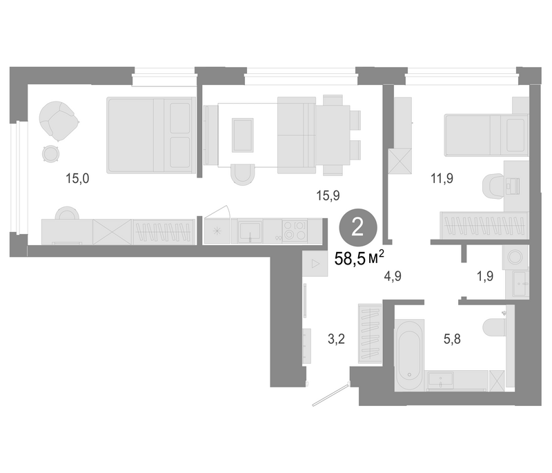 Планировка 3е-к. квартира 58.50 м² в ЖК «Молодость»