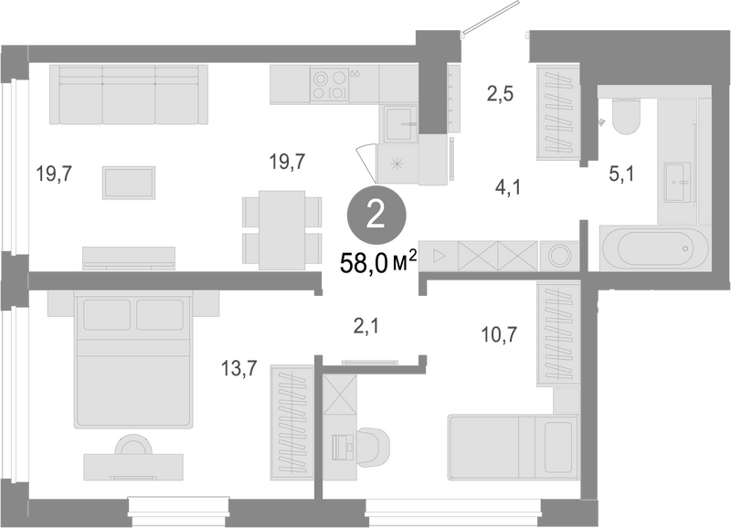 Планировка 3е-к. квартира 58.00 м² в ЖК «Молодость»