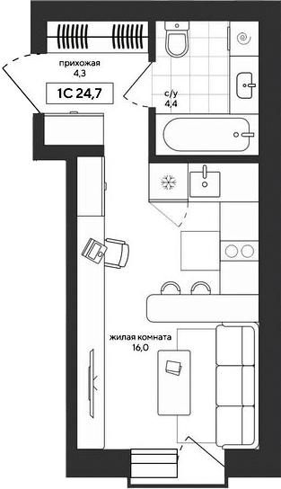 Планировка студии 24.66 м² в ЖК «Среда»