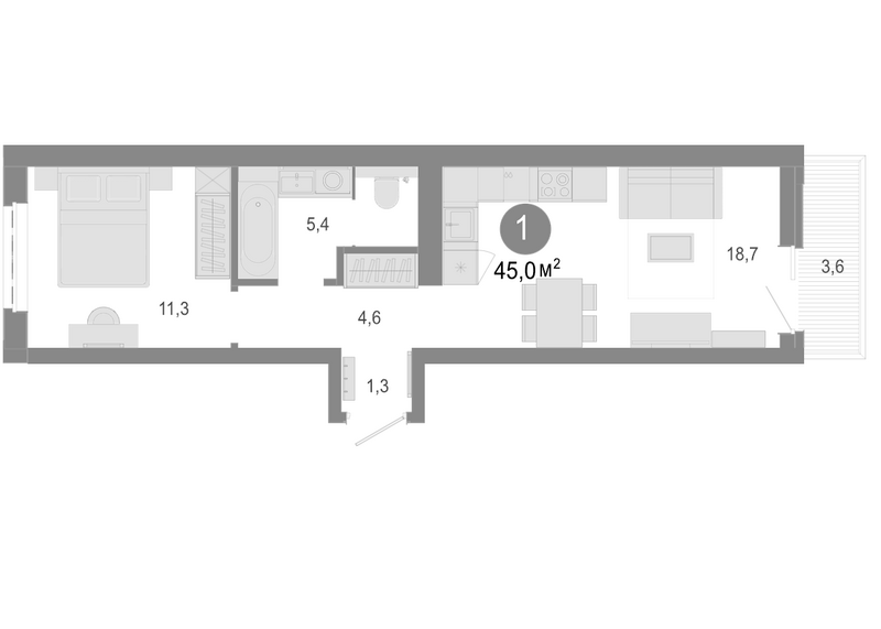Планировка 2е-к. квартира 43.92 м² в ЖК «Молодость»