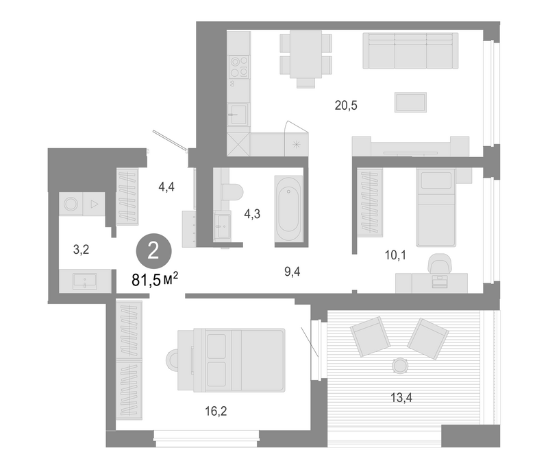 Планировка 3е-к. квартира 68.10 м² в ЖК «Молодость»