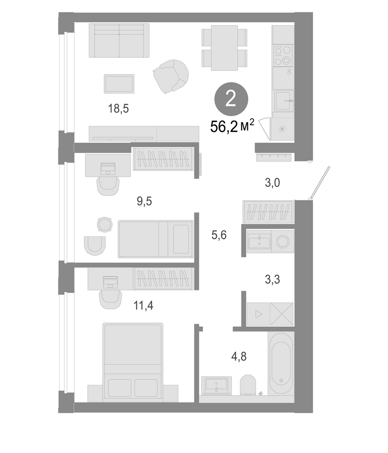Планировка 3е-к. квартира 56.20 м² в ЖК «Молодость»