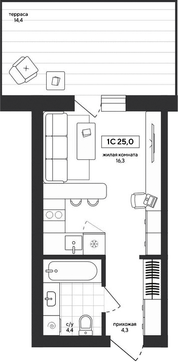 Планировка студии 25.01 м² в ЖК «Среда»