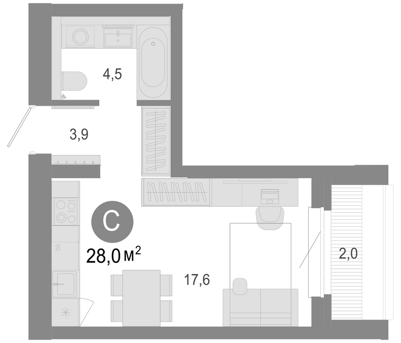 Планировка студия 26.00 м² в ЖК «Молодость»