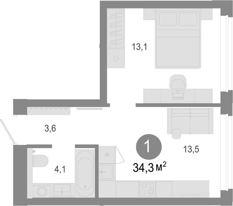 Планировка 2е-к. квартира 34.30 м² в ЖК «Молодость»