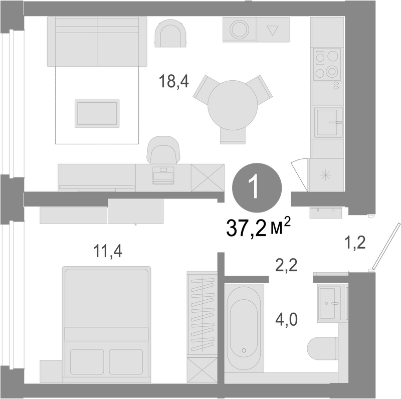Планировка 2е-к. квартира 37.20 м² в ЖК «Молодость»