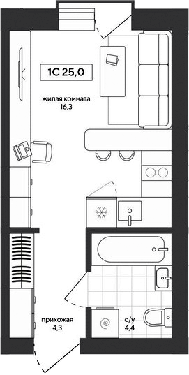Планировка студии 25.01 м² в ЖК «Среда»
