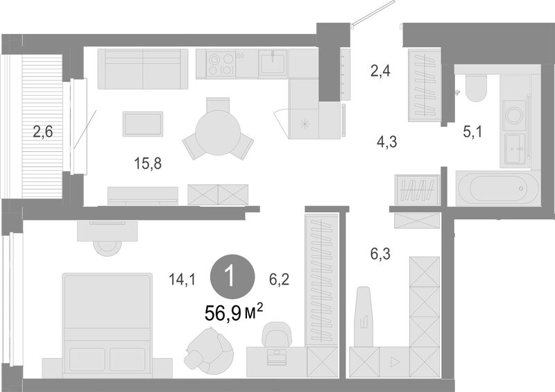 Планировка 2е-к. квартира 54.30 м² в ЖК «Молодость»