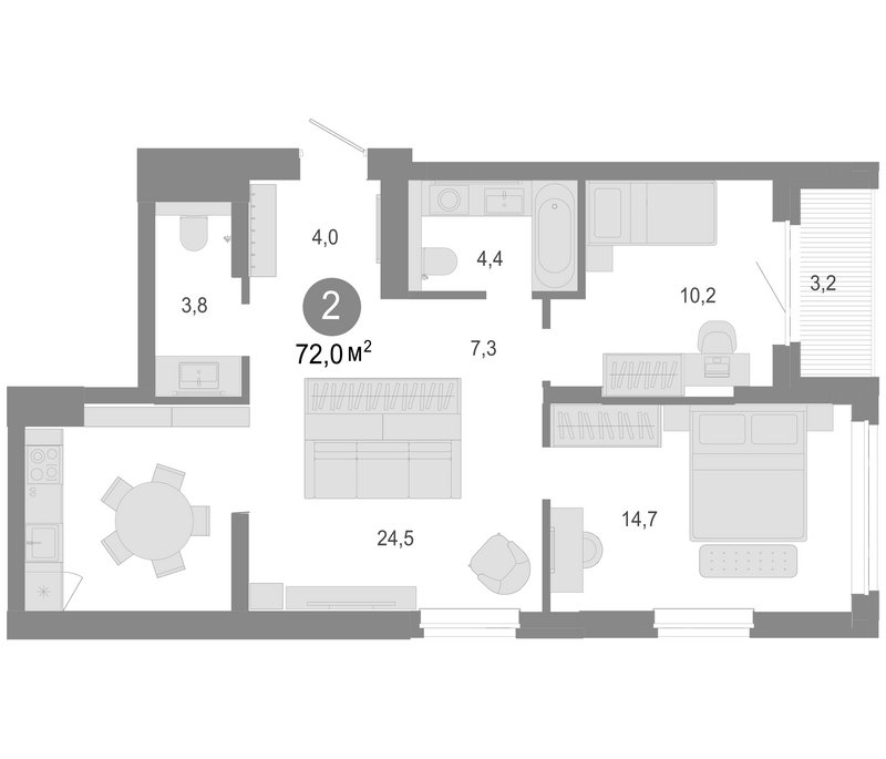Планировка 3е-к. квартира 68.80 м² в ЖК «Молодость»