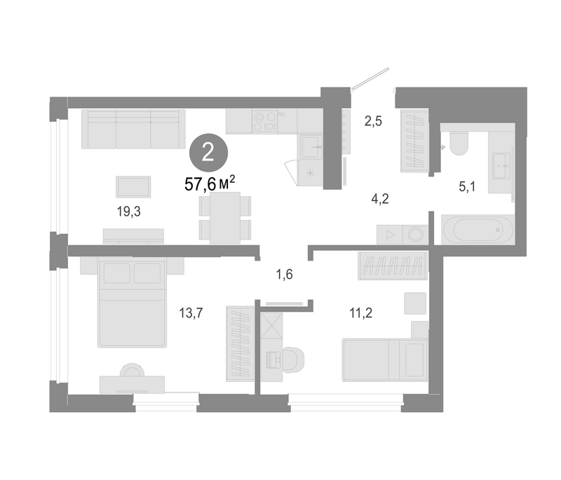 Планировка 3е-к. квартира 57.60 м² в ЖК «Молодость»