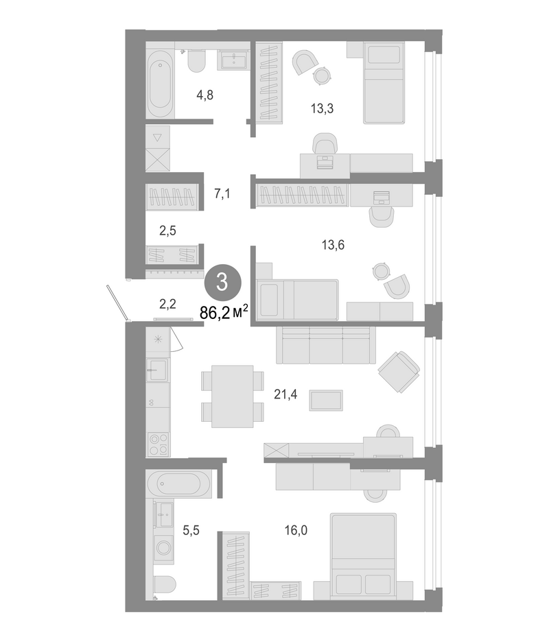 Планировка 4е-к. квартира 86.20 м² в ЖК «Молодость»