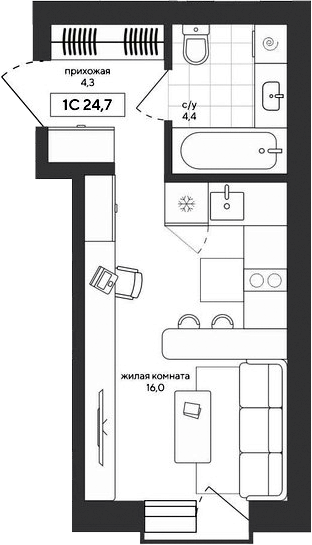 Планировка студии 24.66 м² в ЖК «Среда»