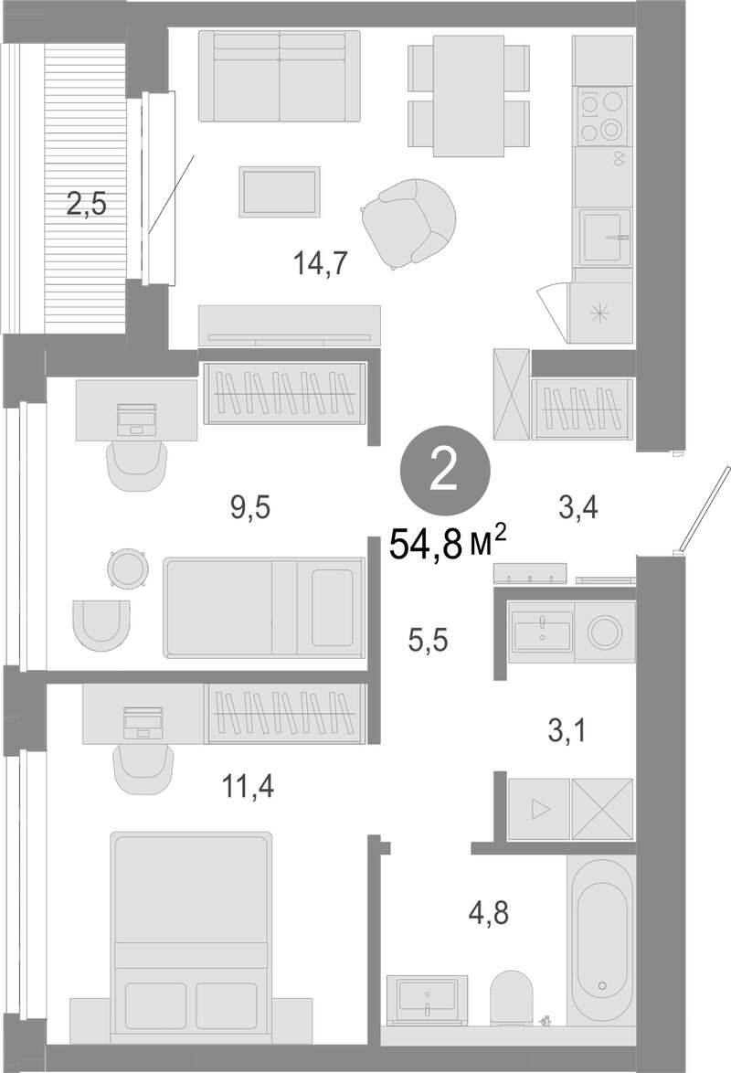 Планировка 3е-к. квартира 52.30 м² в ЖК «Молодость»