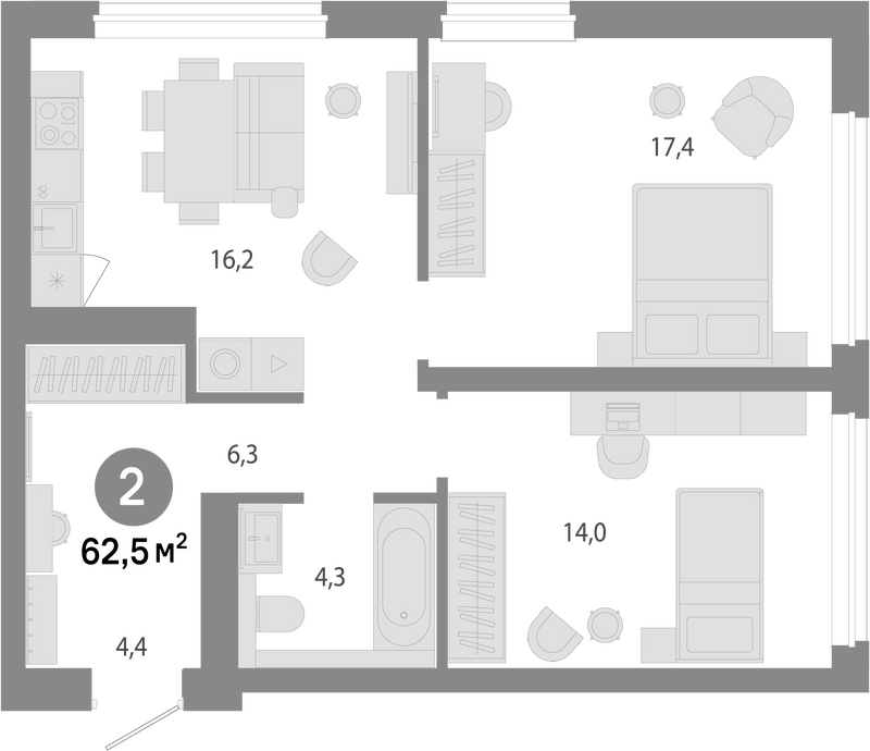 Планировка 3е-к. квартира 62.50 м² в ЖК «Молодость»