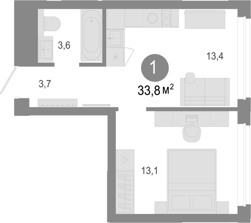 Планировка 2е-к. квартира 33.80 м² в ЖК «Молодость»