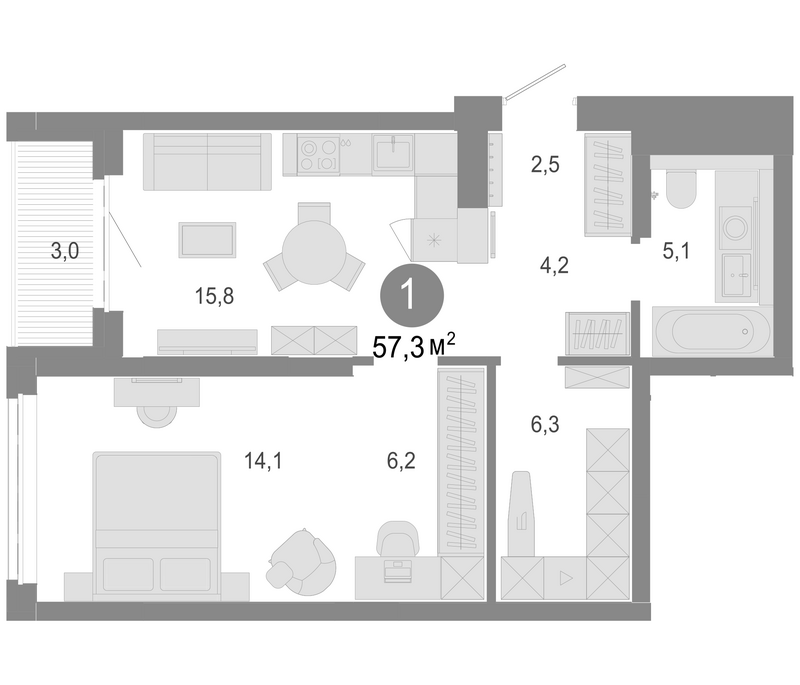 Планировка 2е-к. квартира 54.30 м² в ЖК «Молодость»