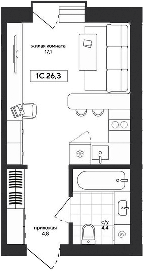 Планировка студии 26.27 м² в ЖК «Среда»