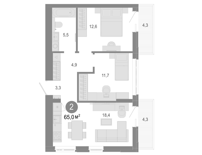 Планировка 3е-к. квартира 62.42 м² в ЖК «Молодость»
