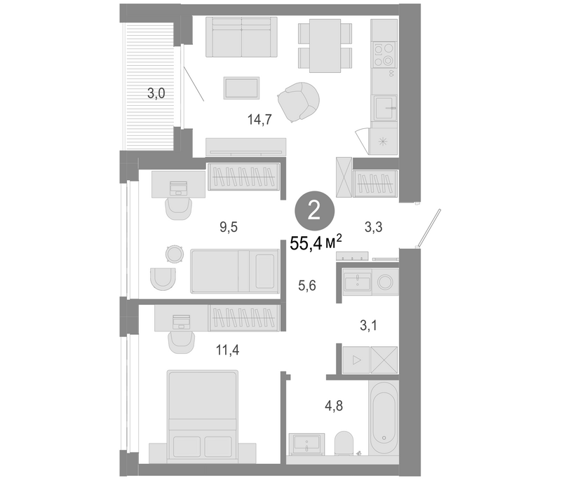 Планировка 3е-к. квартира 52.40 м² в ЖК «Молодость»