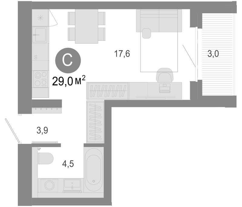 Планировка студия 26.00 м² в ЖК «Молодость»