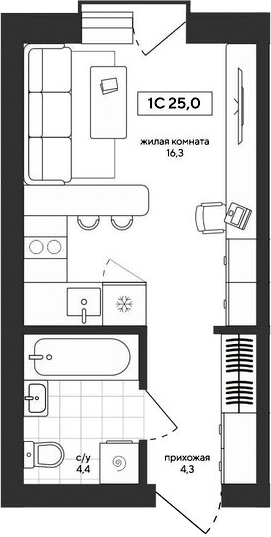 Планировка студии 25.01 м² в ЖК «Среда»