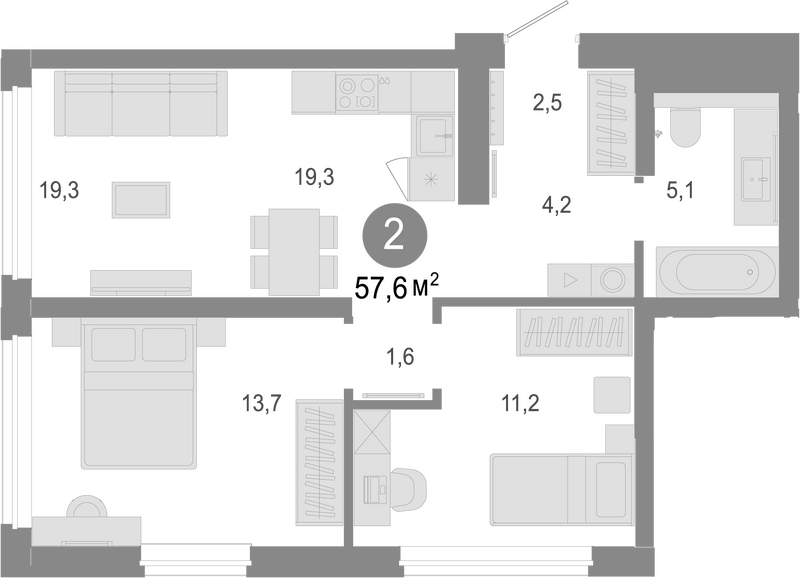 Планировка 3е-к. квартира 57.60 м² в ЖК «Молодость»