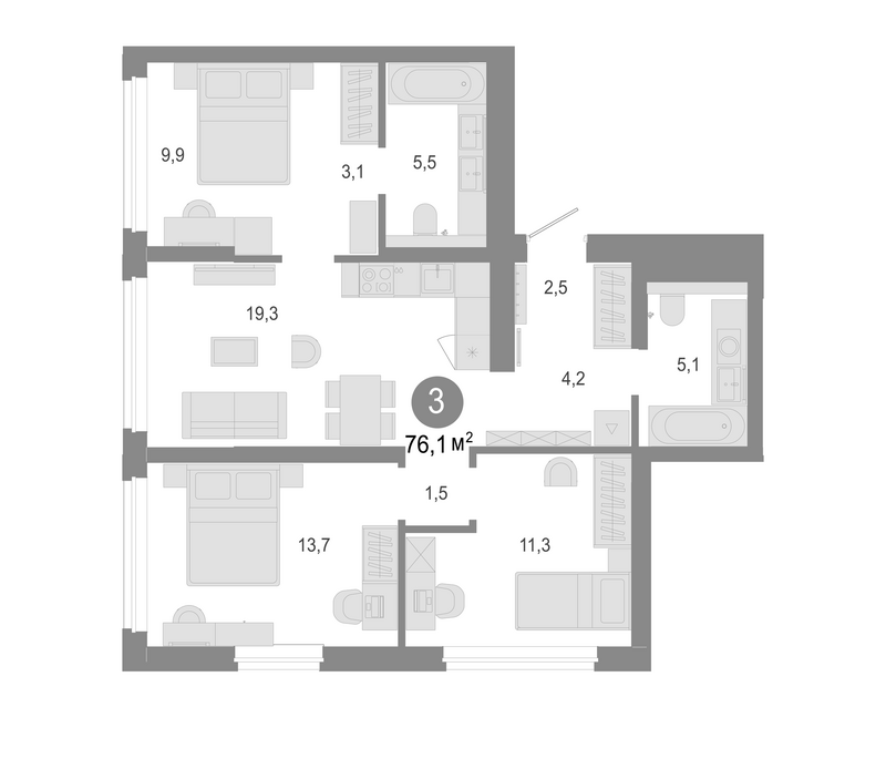 Планировка 4е-к. квартира 76.10 м² в ЖК «Молодость»
