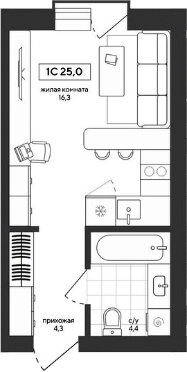 Планировка студии 25.01 м² в ЖК «Среда»