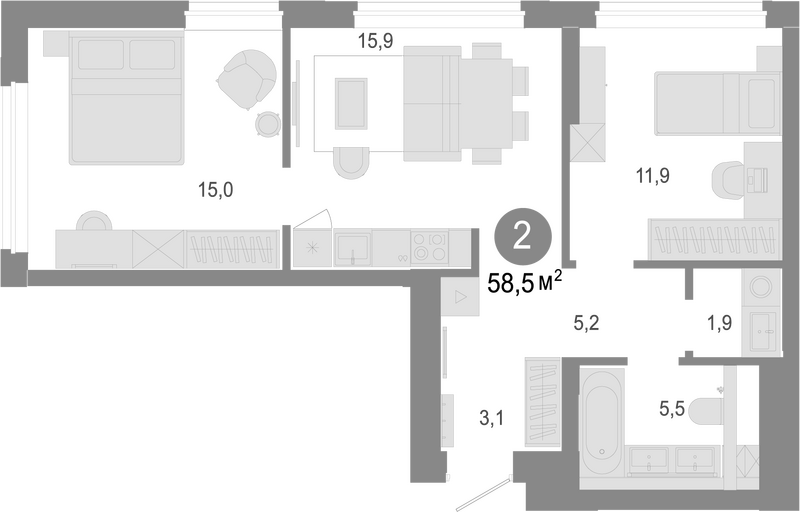 Планировка 3е-к. квартира 58.50 м² в ЖК «Молодость»