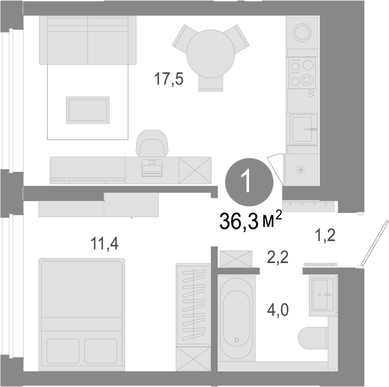 Планировка 2е-к. квартира 36.30 м² в ЖК «Молодость»