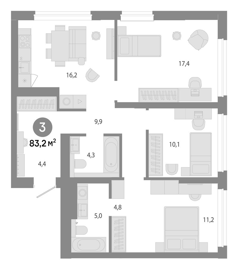 Планировка 4е-к. квартира 83.20 м² в ЖК «Молодость»