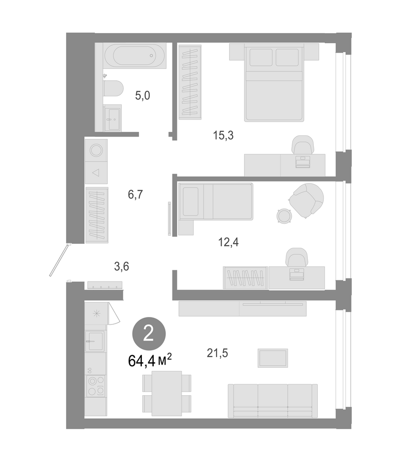 Планировка 3е-к. квартира 64.40 м² в ЖК «Молодость»