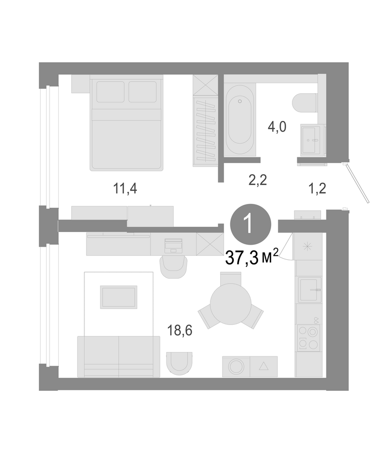Планировка 2е-к. квартира 37.30 м² в ЖК «Молодость»