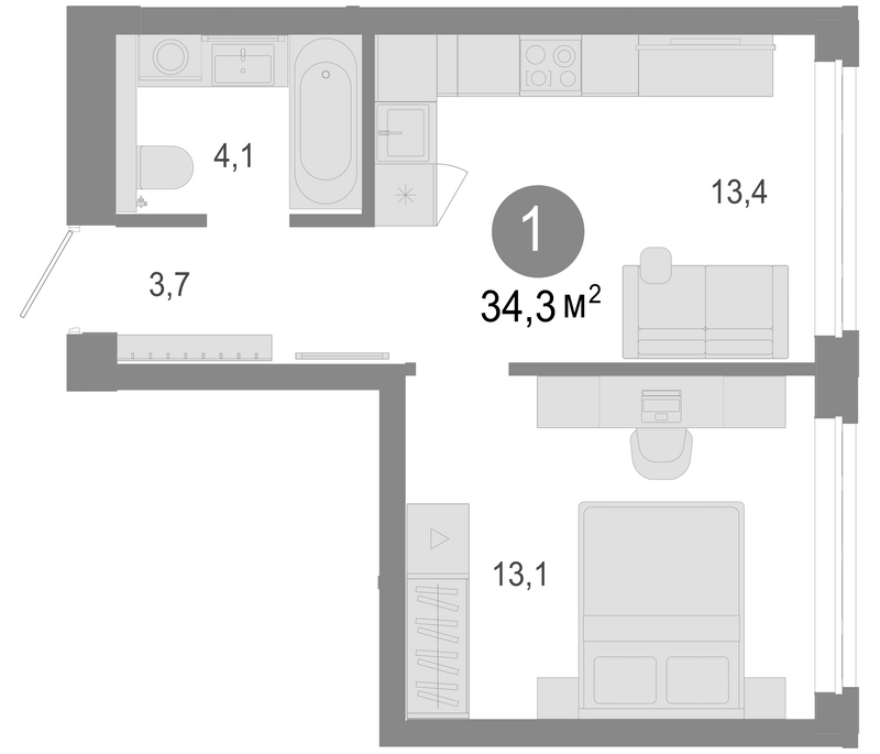 Планировка 2е-к. квартира 34.30 м² в ЖК «Молодость»