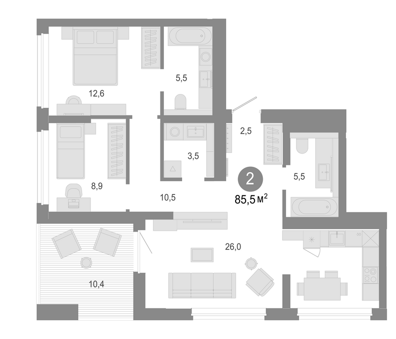 Планировка 3е-к. квартира 75.10 м² в ЖК «Молодость»
