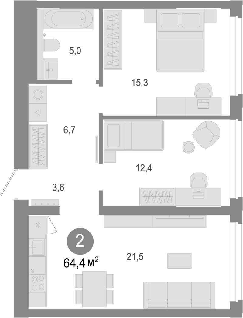 Планировка 3е-к. квартира 64.40 м² в ЖК «Молодость»