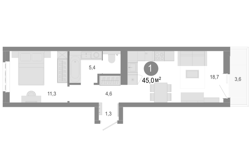 Планировка 2е-к. квартира 43.92 м² в ЖК «Молодость»