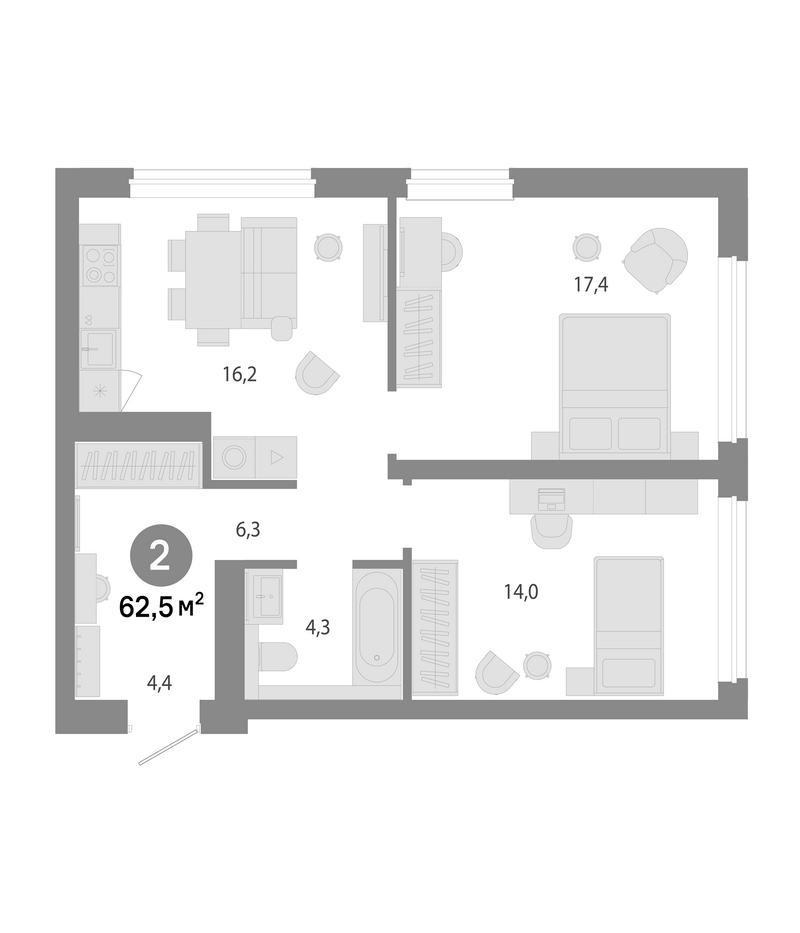 Планировка 3е-к. квартира 62.50 м² в ЖК «Молодость»