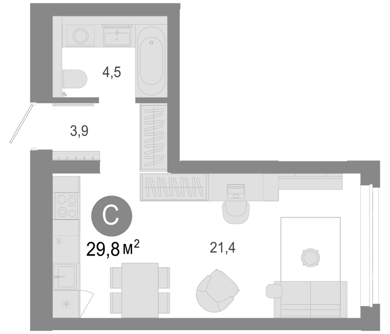 Планировка студия 29.80 м² в ЖК «Молодость»
