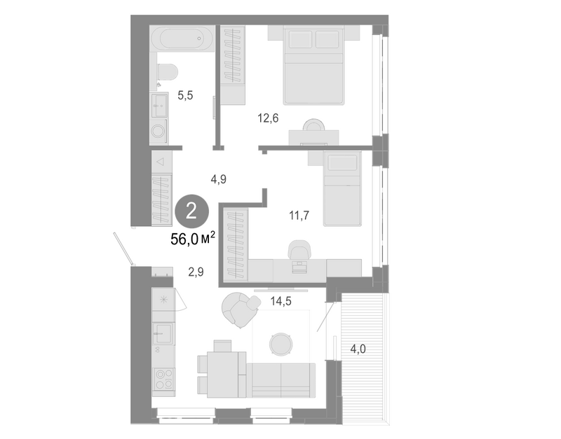 Планировка 3е-к. квартира 52.00 м² в ЖК «Молодость»