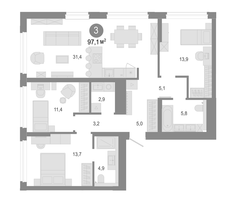 Планировка 4е-к.кв 97.10 м² в ЖК «Молодость»