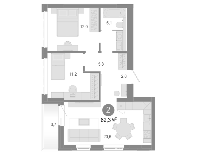 Планировка 3е-к. квартира 58.60 м² в ЖК «Молодость»