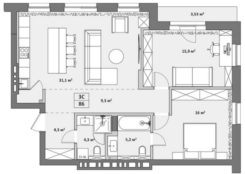 Планировка 3е-к.кв 87.03 м² в ЖК «Жуковка»