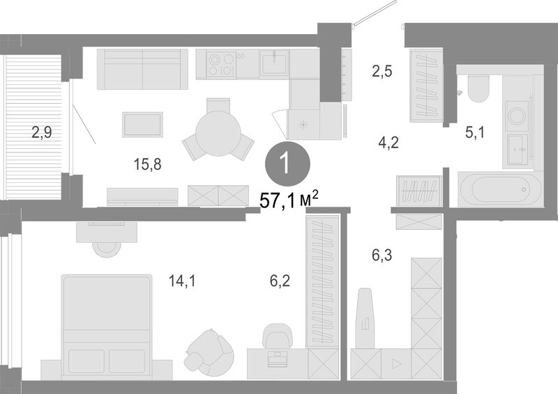 Планировка 2е-к. квартира 54.20 м² в ЖК «Молодость»