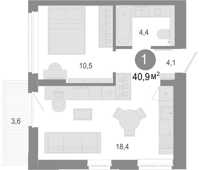 Планировка 2е-к. квартира 39.82 м² в ЖК «Молодость»