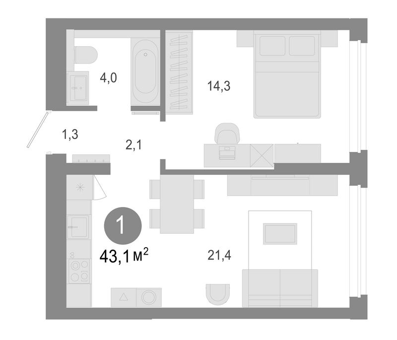 Планировка 2е-к. квартира 43.10 м² в ЖК «Молодость»