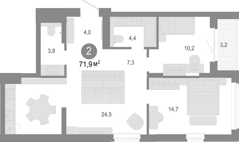 Планировка 3е-к. квартира 68.70 м² в ЖК «Молодость»